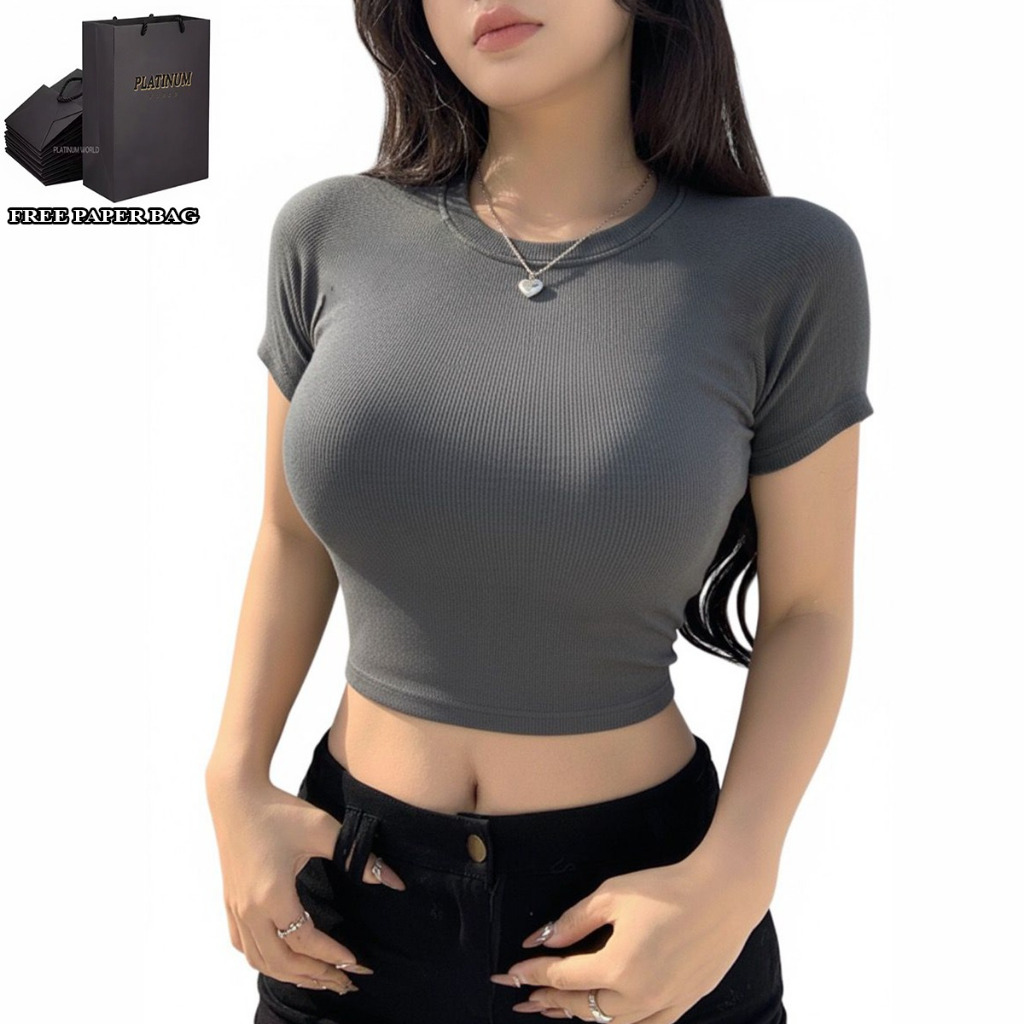 PLATINUM WORLD เสื้อครอปถักธรรมดา O คอ Fit Body - เสื้อเชิ้ตธรรมดาผู้หญิง S2