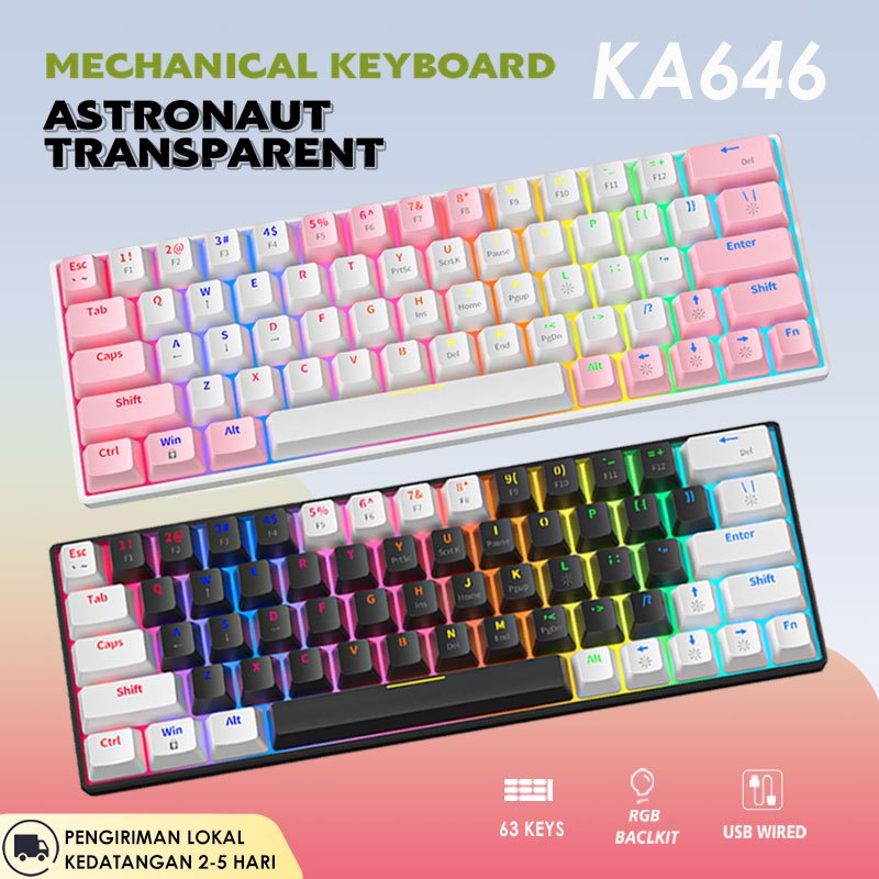 KA646 คีย์บอร์ด 63 คีย์ RGB Backlit Kibot Type-C แบบมีสาย Hot Swappable 60% PC Gaming Keyboar