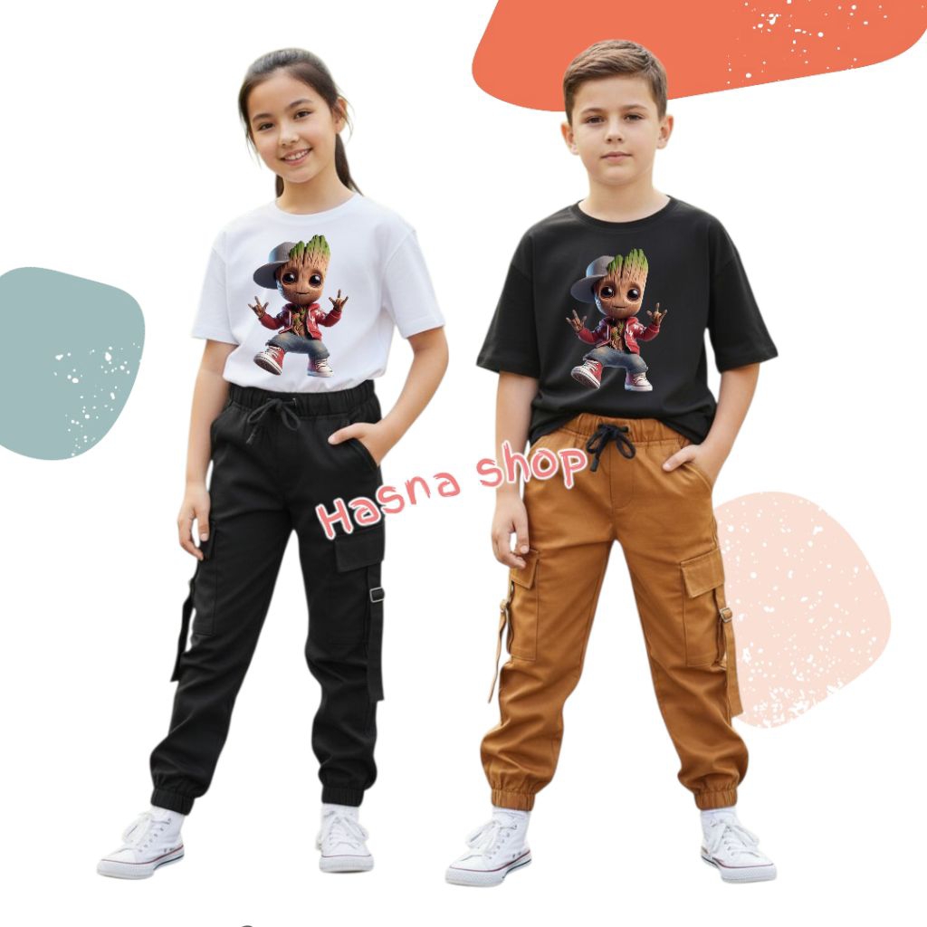 ชุดสูทคาร์โก้ Chinos สําหรับเด็กชายและเด็กหญิงที่มี Groot motif อายุ 1-13 ปี