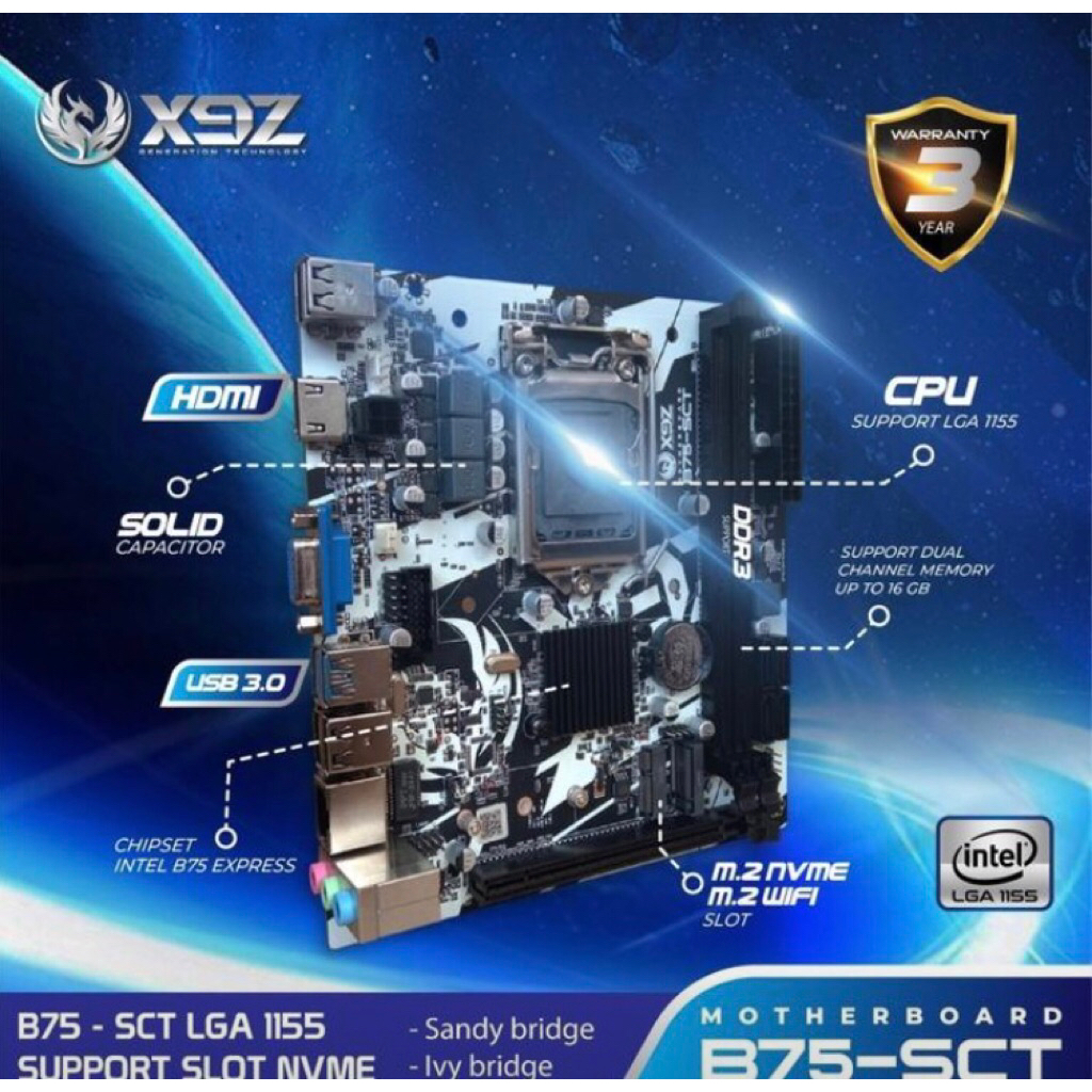 เมนบอร์ด X9Z B75 Nvme Lga 1155 รองรับพอร์ต Gen 2-3 Wifi M.2