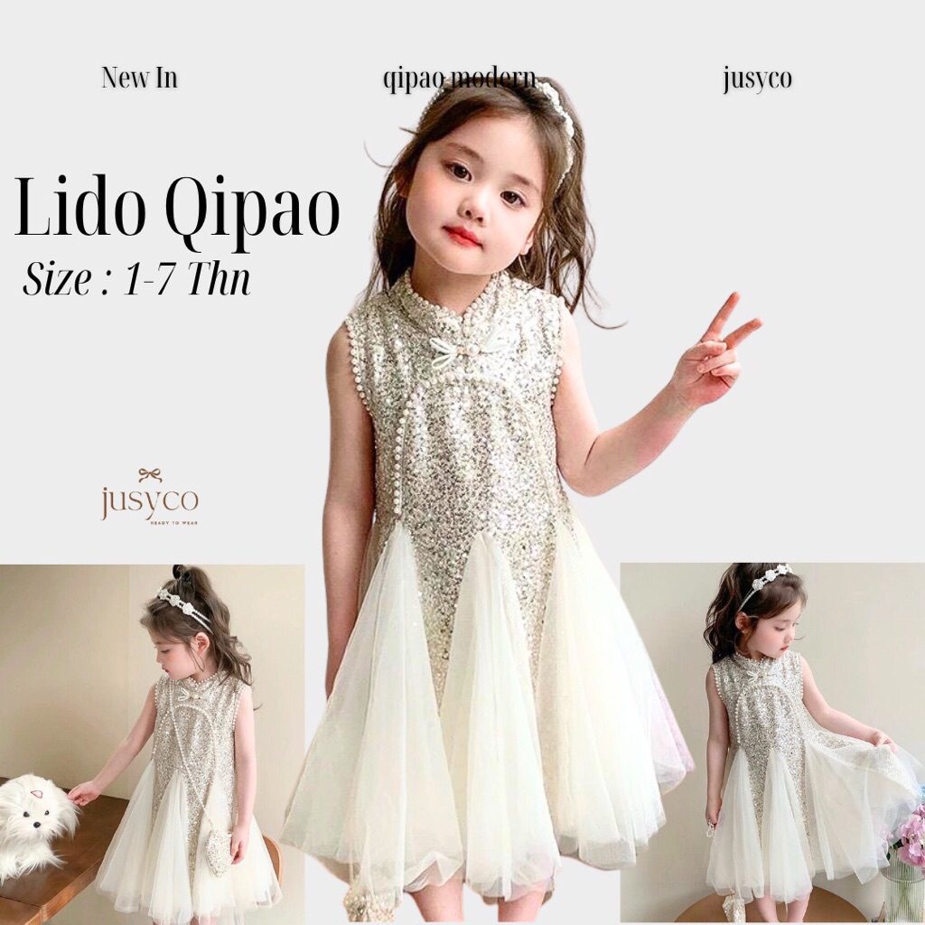 Lido Qipao Sequins Dress / Mini Dress Qipao Party Girls แขนกุด