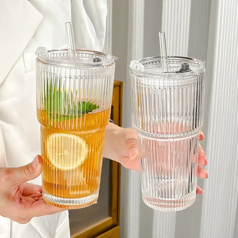 Aesthetic Coffee Dirty Latte Stripe Glass พร้อมฝาปิด 600ml / แก้วน้ําแก้ว / แก้วความงาม TUMBLER / UN