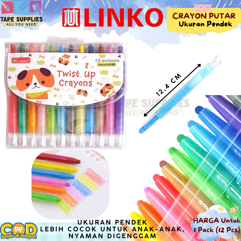 Linko LK168 Twist Up Crayons 12 สี – ดินสอสีบิดสั้นสําหรับเด็ก ปลอดสารพิษ สีสันสดใส ใช้งานง่าย