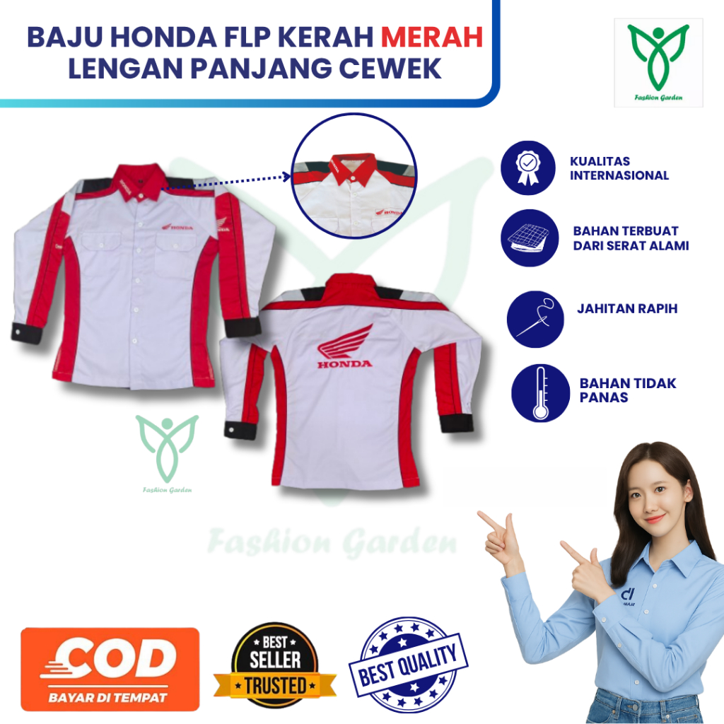 MERAH Honda Frontline People (FLP) เสื้อเชิ้ตแขนยาวคอปกสีแดงสําหรับผู้หญิง | แผนกต้อนรับส่วนหน้า | ฮ