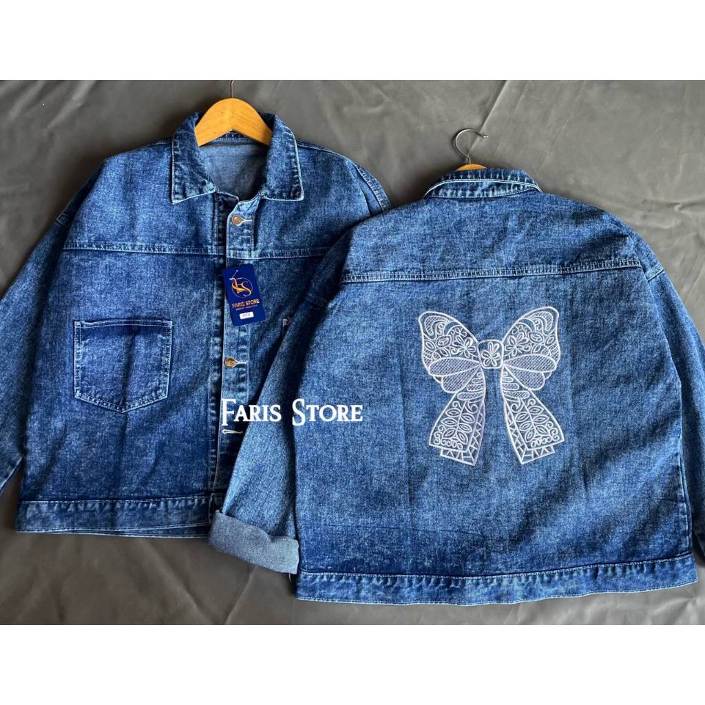 OVERSIZED JUMBO EMBROIDERED JEANS JACKET ผู้หญิง EMBROIDERED RIBBON DENIM JACKET