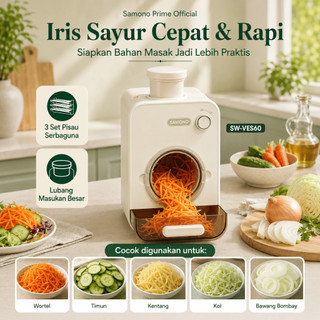 SAMONO Alat Pemotong Sayur Elektrik VES60 Food Slicer Serbaguna Pengiris Otomatis Cepat Praktis Tanpa Tenaga 3 in 1 Mata Pisau Potongan Gelombang Halus Panjang Mesin Pengolah Sayuran Hemat Waktu Dapur Modern Material Kokoh Premium Design Ergonomis