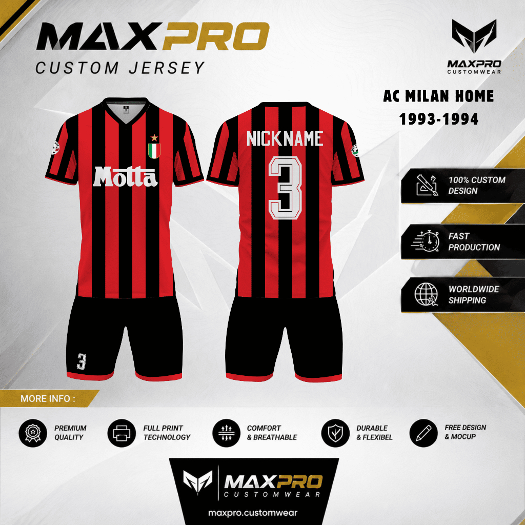 B0LA AC M1LAN H0ME 1993 - 1994 เสื้อฟุตบอลสั้นฟรีหมายเลขชื่อและหลังแบบกําหนดเองสําหรับเด็กและผู้ใหญ่