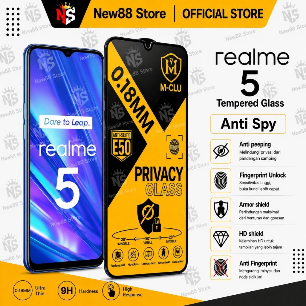 NEW88 - กระจกนิรภัย ESD Anti Spy 0.18 มม.Realme 7i 7 Pro 7 6s 6i 6 5s 5i 5 Pro 3 Pro 3 2 Pro 2 Anti 