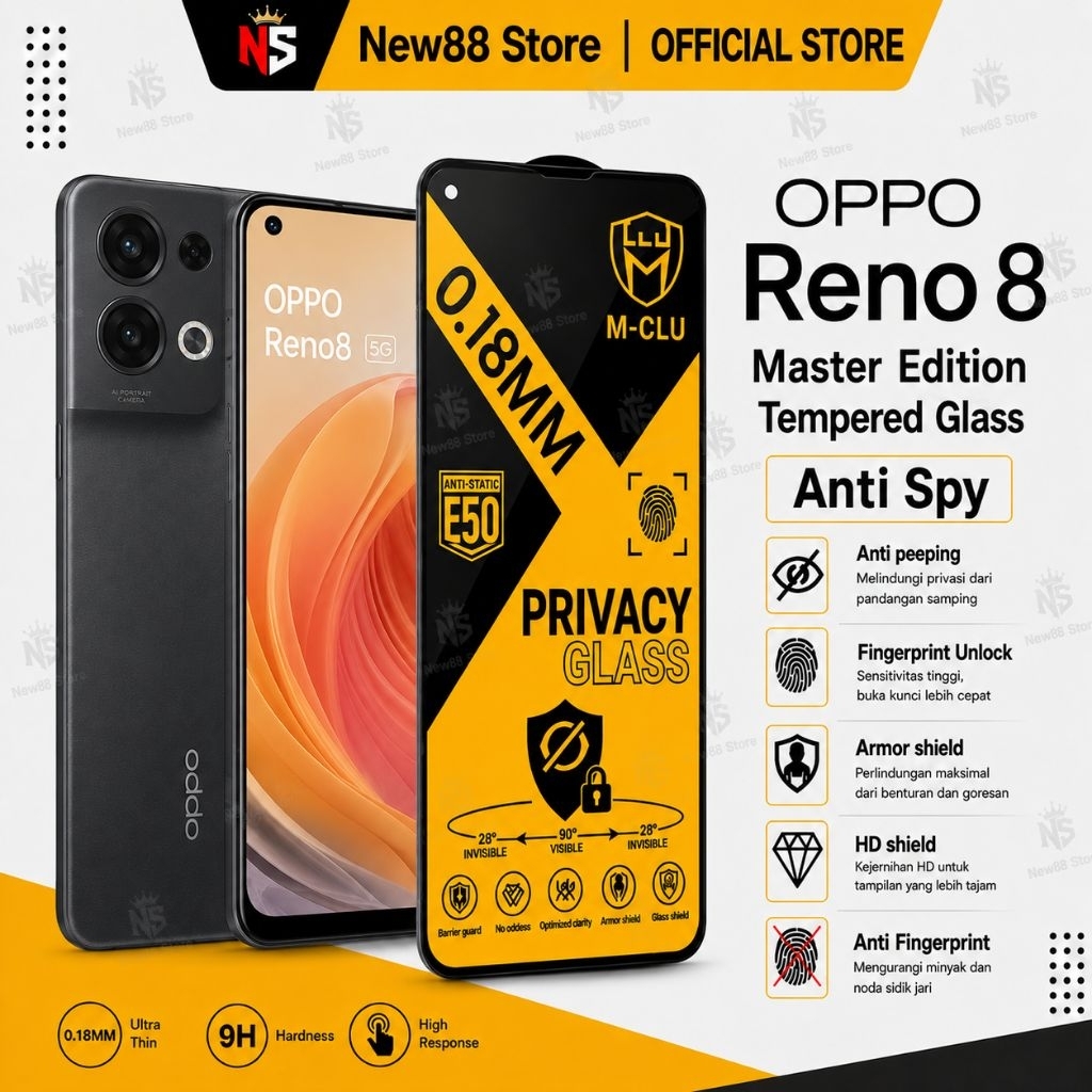 NEW88 - กระจกนิรภัย ESD Anti Spy 0.18 มม.Reno 8T 4G 8Z 5G 8 Pro+ 8 Pro 8 Lite 8 5G 8 4G 8 7Z 5G 7 SE
