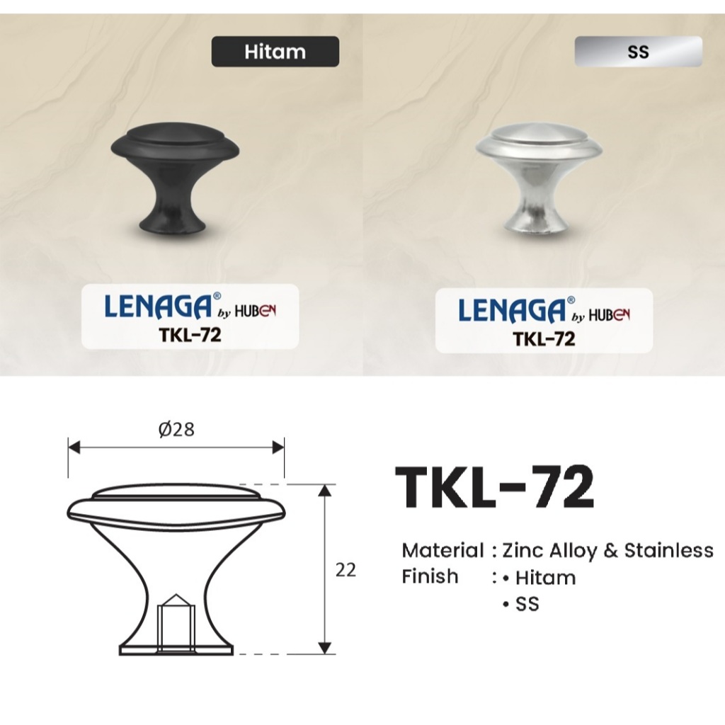 Lenaga Drawer Pull / Handle / Knob โดย Huben TKL-72 | TKL 72 Stainless & Black | ดึงคุณภาพ
