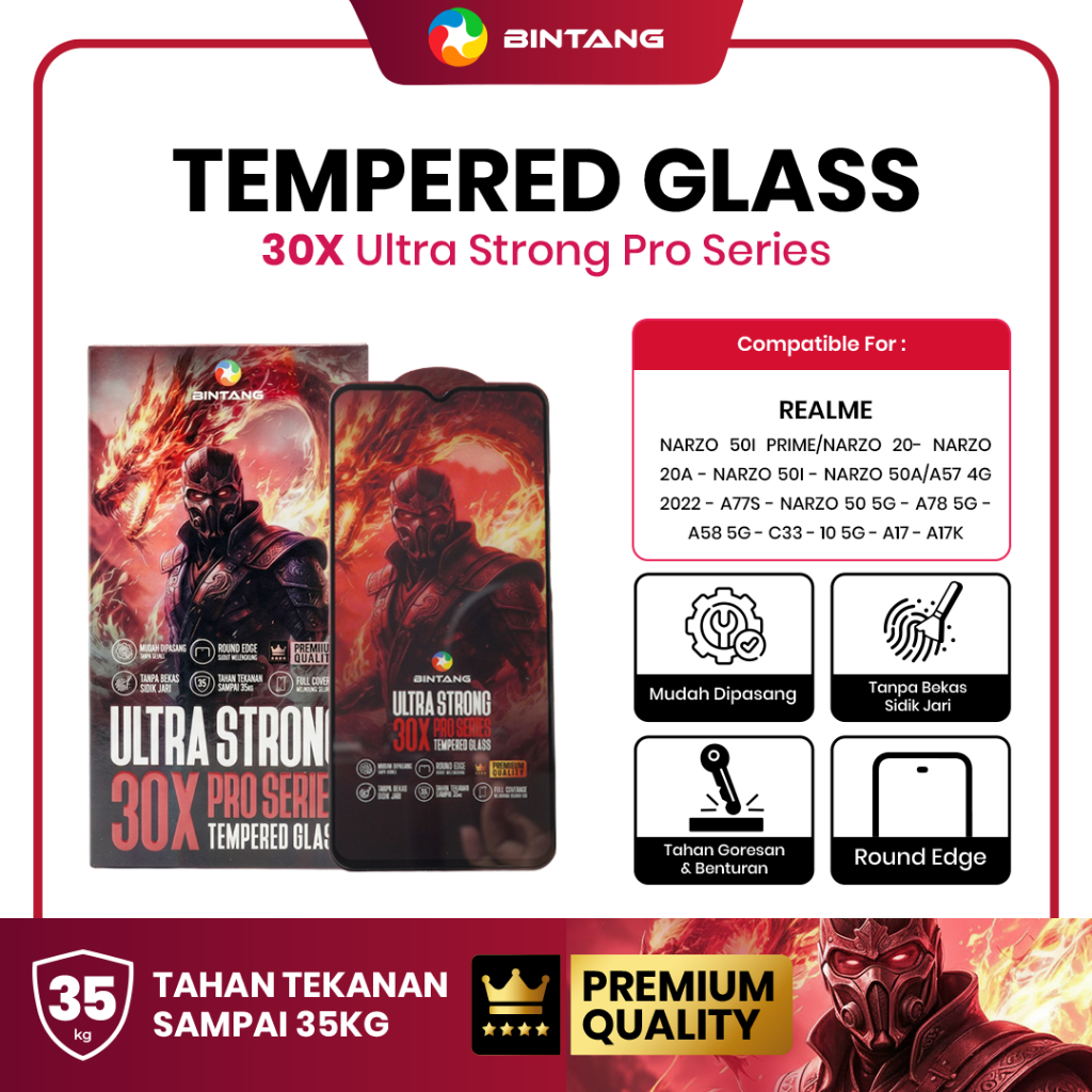 BINTANG กระจกนิรภัย ULTRA STRONG 30X PRO ป้องกันหน้าจอ Fullcover สําหรับ REALME 5/5I/5S/C3/C25/C21Y/