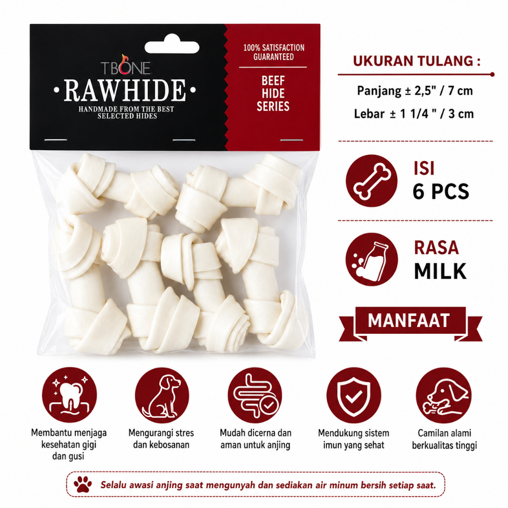 T-Bone Knott Bone Rawhide รสนม 6 ชิ้นสําหรับ Mini & Small Dogs ขนาด 2.5 "x1 1/4" / 7x3 ซม. - รสนมขนม