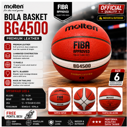 BASKETBALL SIZE 6 BG4500/GG6X หนัง PVC + ฟรีวาล์วบอลกลางแจ้งในร่ม