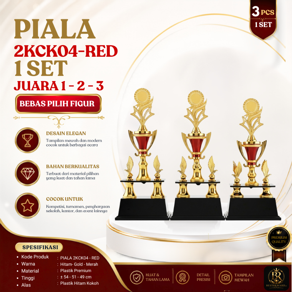 ถ้วยรางวัล 2 ขา 1 ชุด 3 ชิ้น 1st-2nd-3rd Place รุ่น CK04 RED - ถ้วยรางวัลขนาดใหญ่ ความสูง 54-51-49 ซ