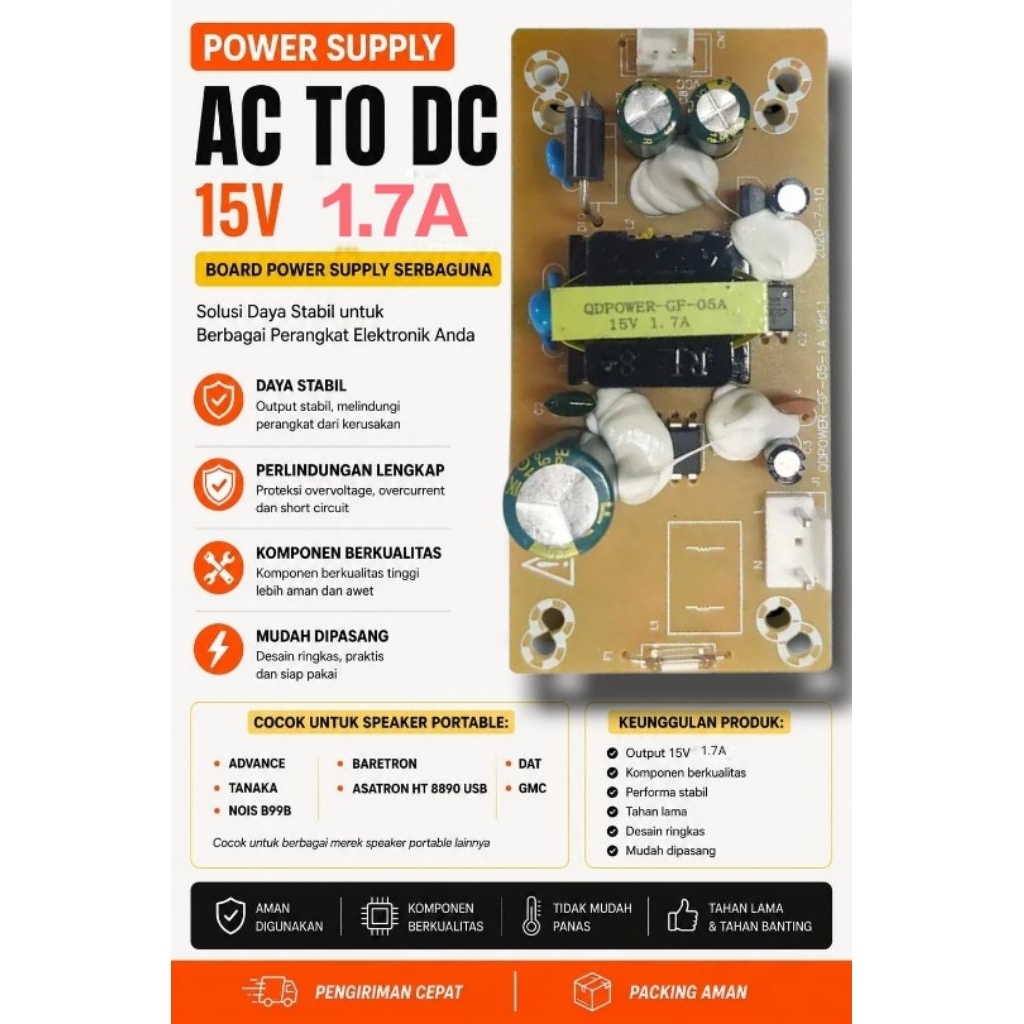 บอร์ดจ่ายไฟ AC เป็น DC 15V 1.7A อเนกประสงค์สําหรับลําโพงพกพา เครื่องขยายเสียงขนาดเล็ก