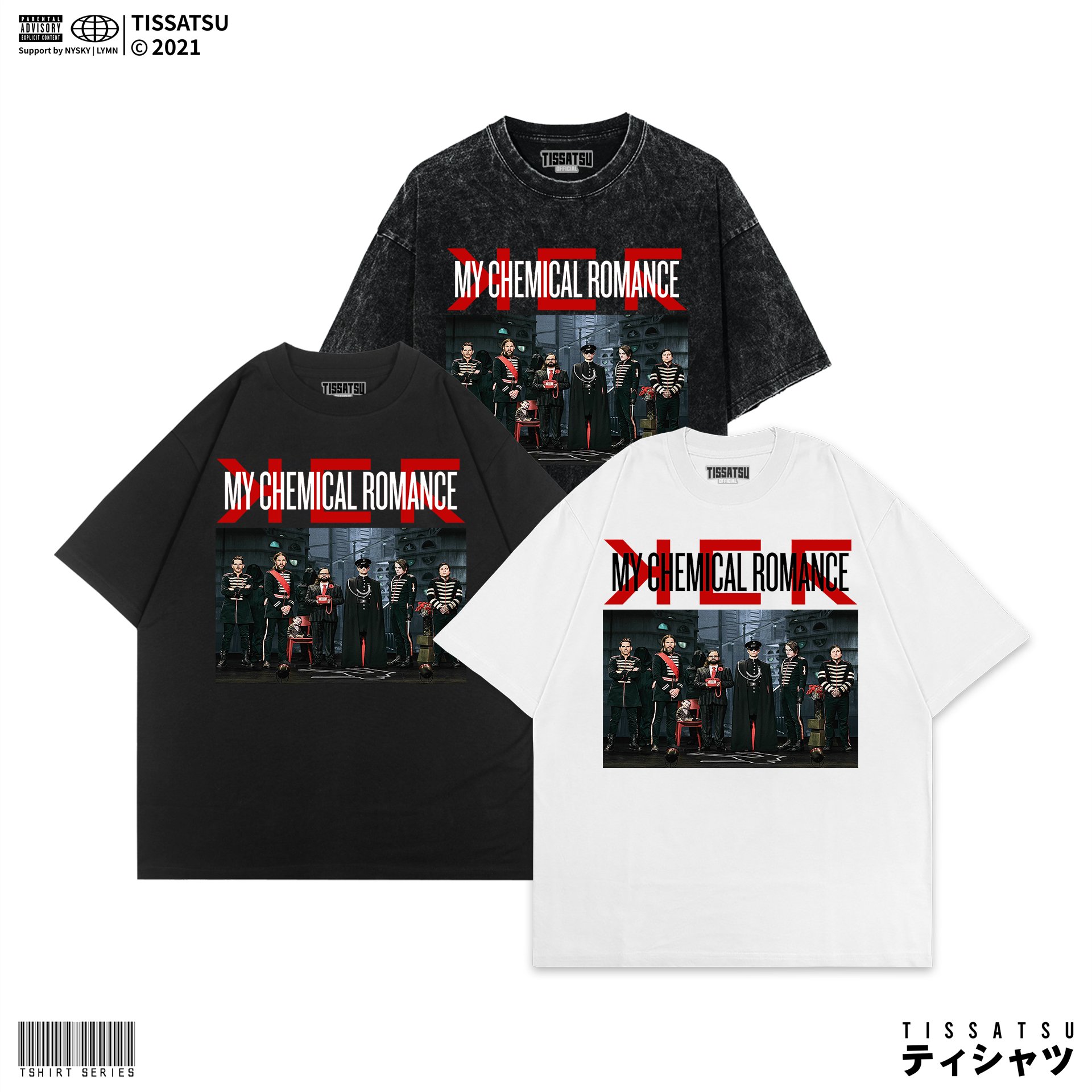 TISSATSU MY CHEMICAL ROMANCE เสื้อยืดล้างโอเวอร์ไซส์ / เสื้อยืด Slimfit Wash / MCR-55
