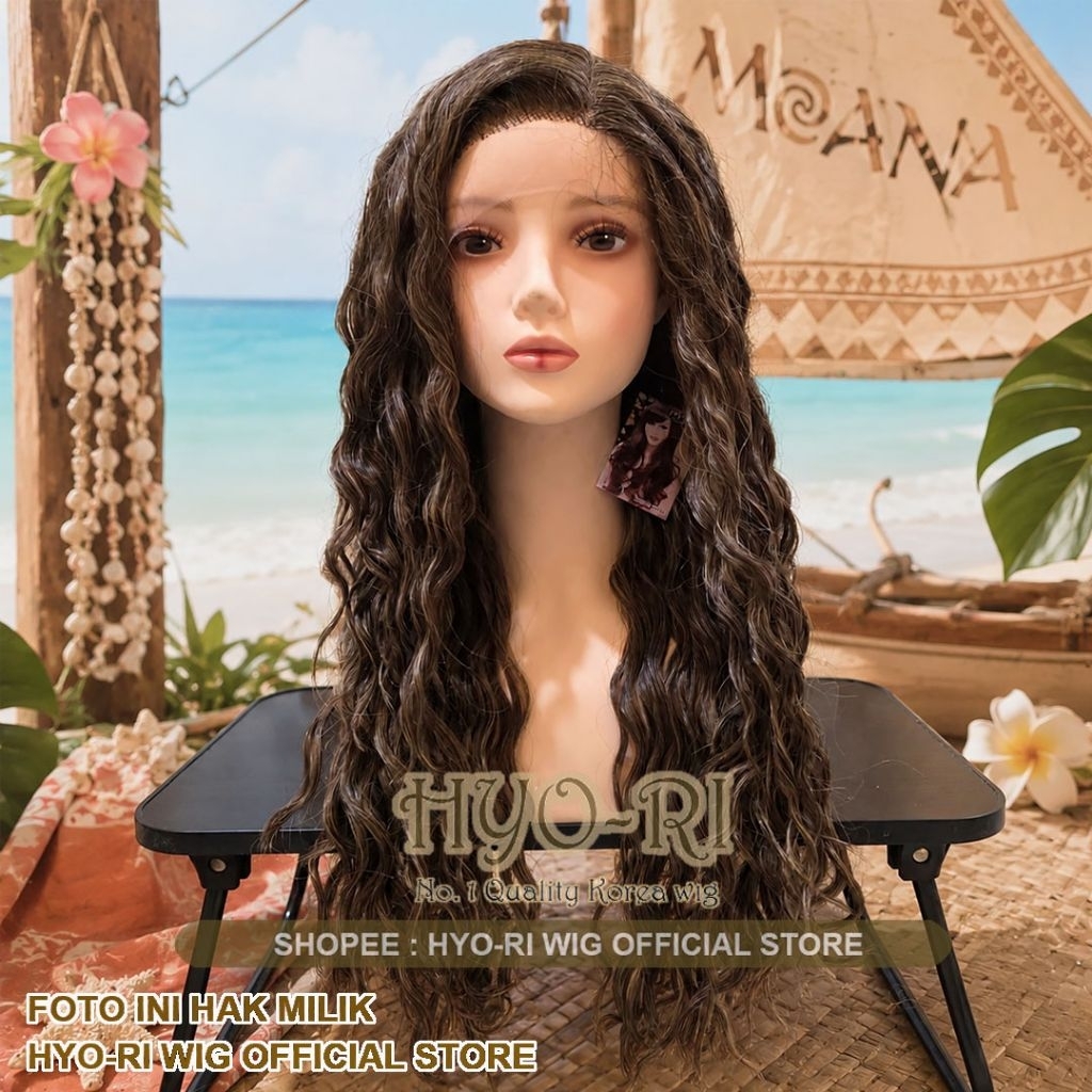 HYO-RI WIG : MOANA COSPLAY WIG สําหรับผู้ใหญ่และผมสั้น LONG CURLY HAIR BLACK WAVE PRINCESS DISNEY PR