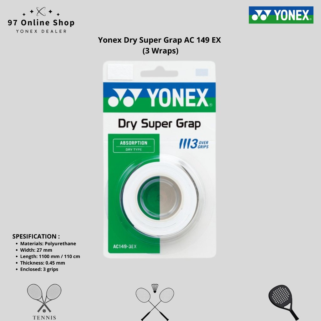 ไม้แบดมินตัน Yonex Overgrip Rubber Tennis Padel AC 149 EX - 3 in 1 Dry Super Grap (3 Wraps)