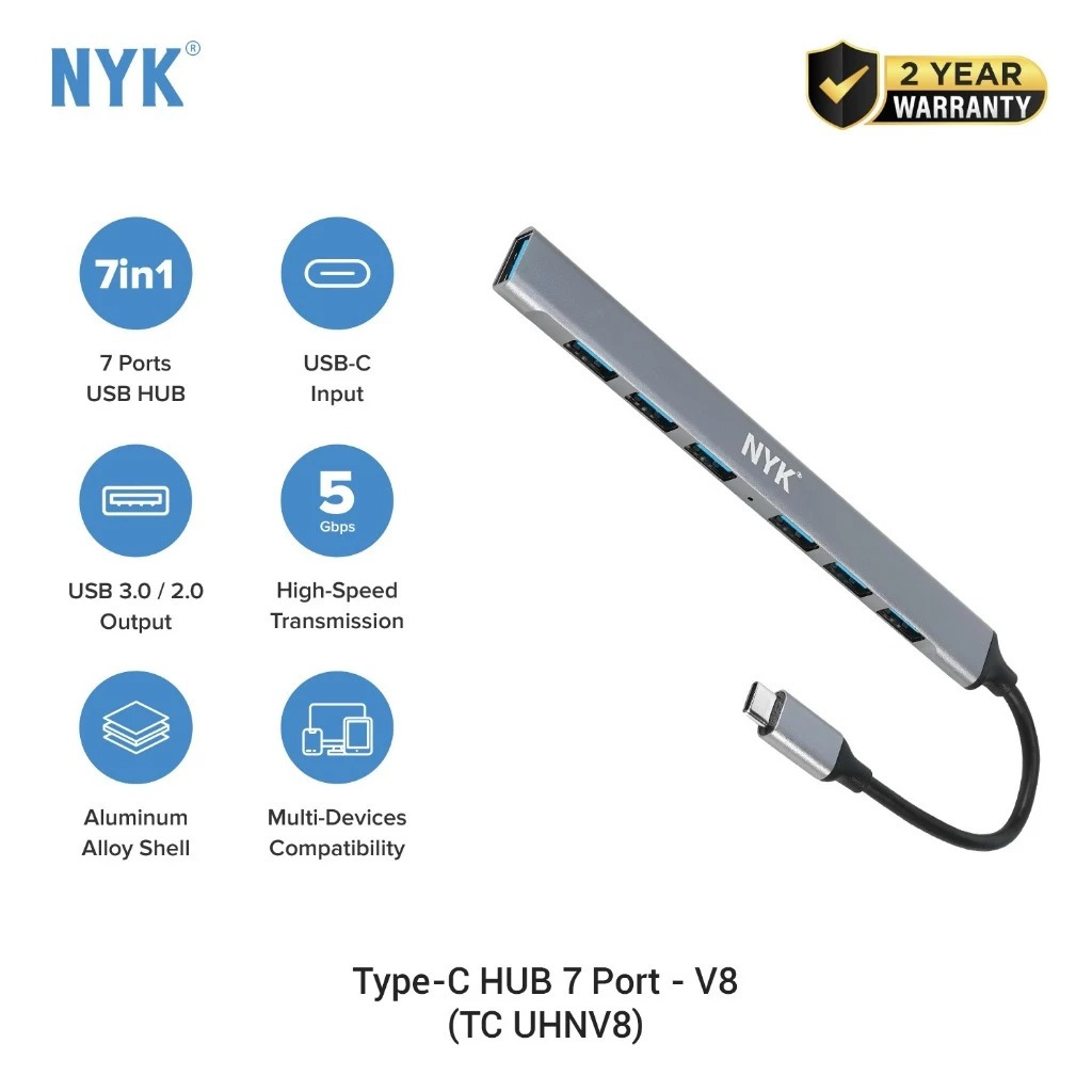 NYK USB HUB 7 พอร์ตสาย 1M Type C ความเร็วสูง 5Gbps 3.0 V8 v 8