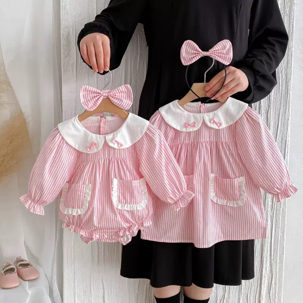 LIZIQINA - Kizzy Stripes Pink 0-5 ปี | ชุดรอมเปอร์เด็กผู้หญิง | ชุดเดรสเด็ก