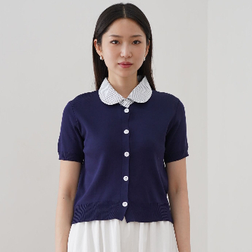 เสื้อผ้า MKY JIHYUN KNITTED BLOUSE SHORT SLEEVE STRIPED COLLAR BLOUSE