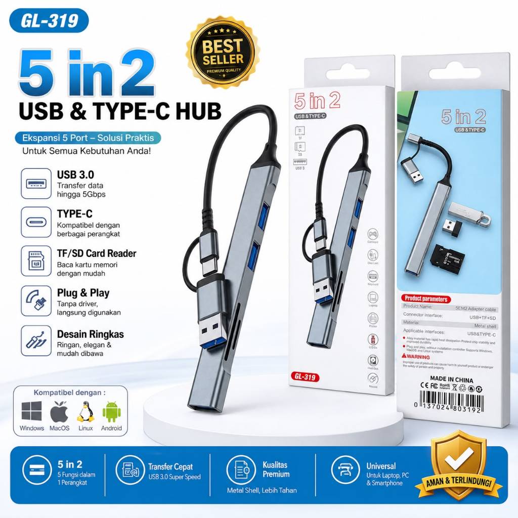 [SH-629] GL-319 USB & Type-C Hub 5 in 2 Slot TF Card & SD Card