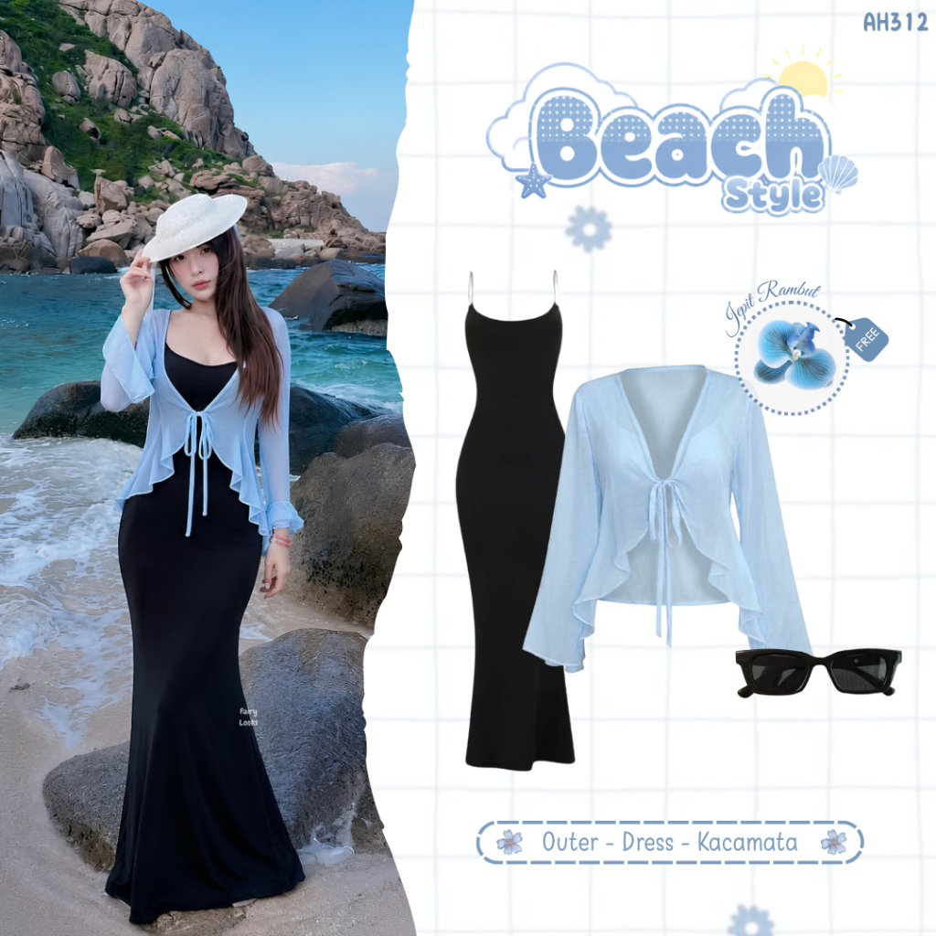 Fairylooks - 3in1 Elegant Womens One Set Beach Hangout Outer (Outer Calista - Inner Dress Fit Body -