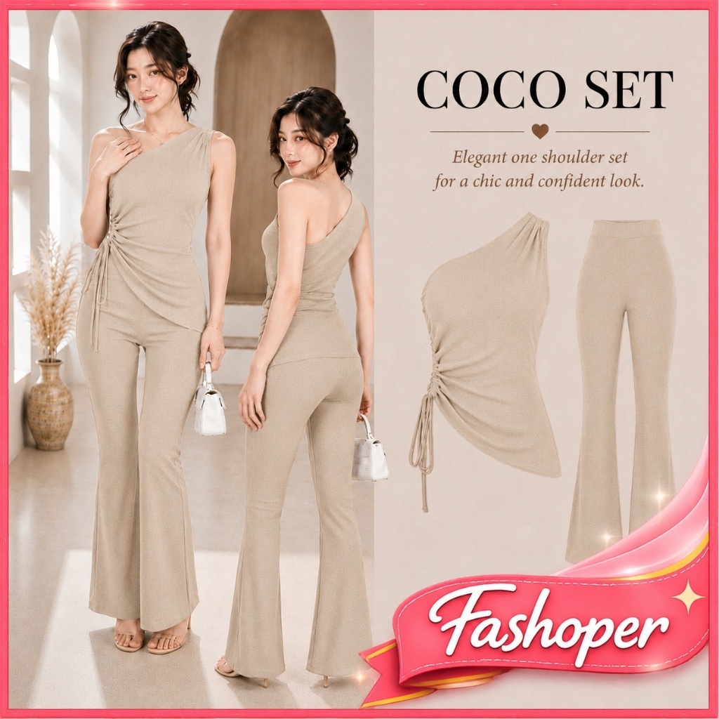 (Crazy Deal) Fashoper Coco Set Women Bangkok Premium One Shoulder Stretch Fit Long Pants Suit Korean