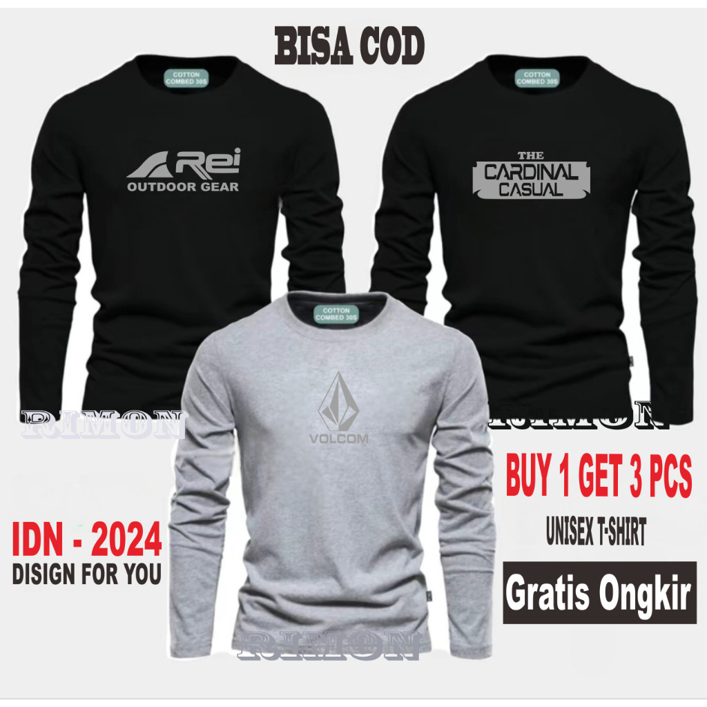 ซื้อ 1 แถม 3 ชิ้น เสื้อยืดแขนยาวพรีเมี่ยม Distro พร้อมโลโก้ Volkom Rei The Card Casual PJ พิมพ์เสื้อ
