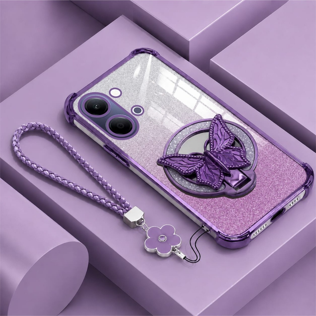 VIVO Y05 / Y11D เคสแหวนคริสตัลผีเสื้อ Glitter Premium Anti-Crack ฟรีสายดอกไม้
