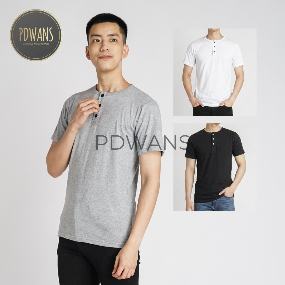 HENLEY T-SHIRT Plain Henley Button-Down เสื้อยืดแขนสั้น PDWANS Original