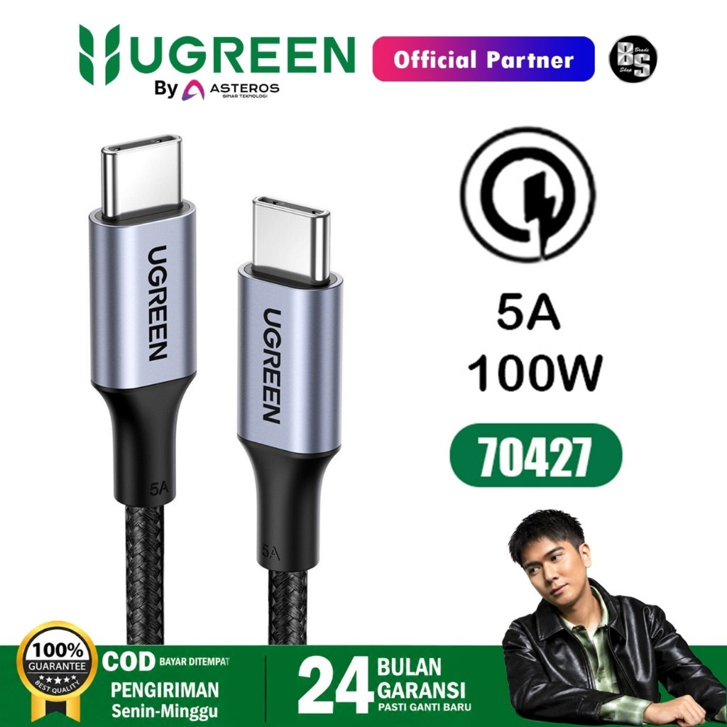 UGREEN สายดาต้า 100W/5A | 60W/3A Type C ถึง Type C 100 ซม. ไนลอนถัก 70427 50150 PD Fast Charging