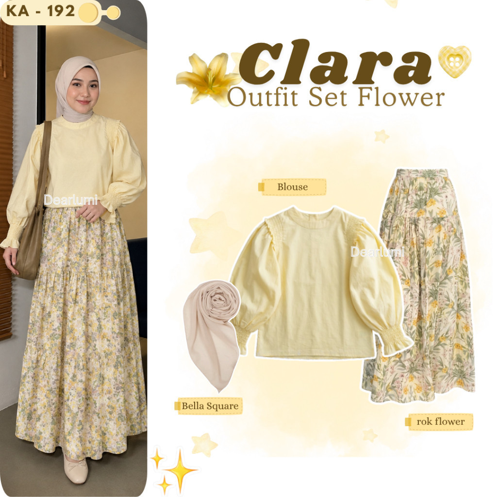 Dearlumi - Clara Set Outfit Hijab Women Butter Yellow Flower Trendy (เสื้อสีเหลือง + กระโปรง + Bella