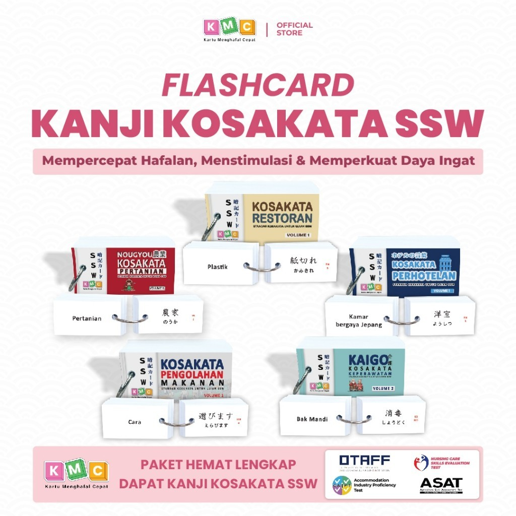 FLASH CARD KANJI & VOCBULARY SSW KAIGO, PM, TRAINING, LANGUAGE HOTEL - FAST MEMORIZING CARD