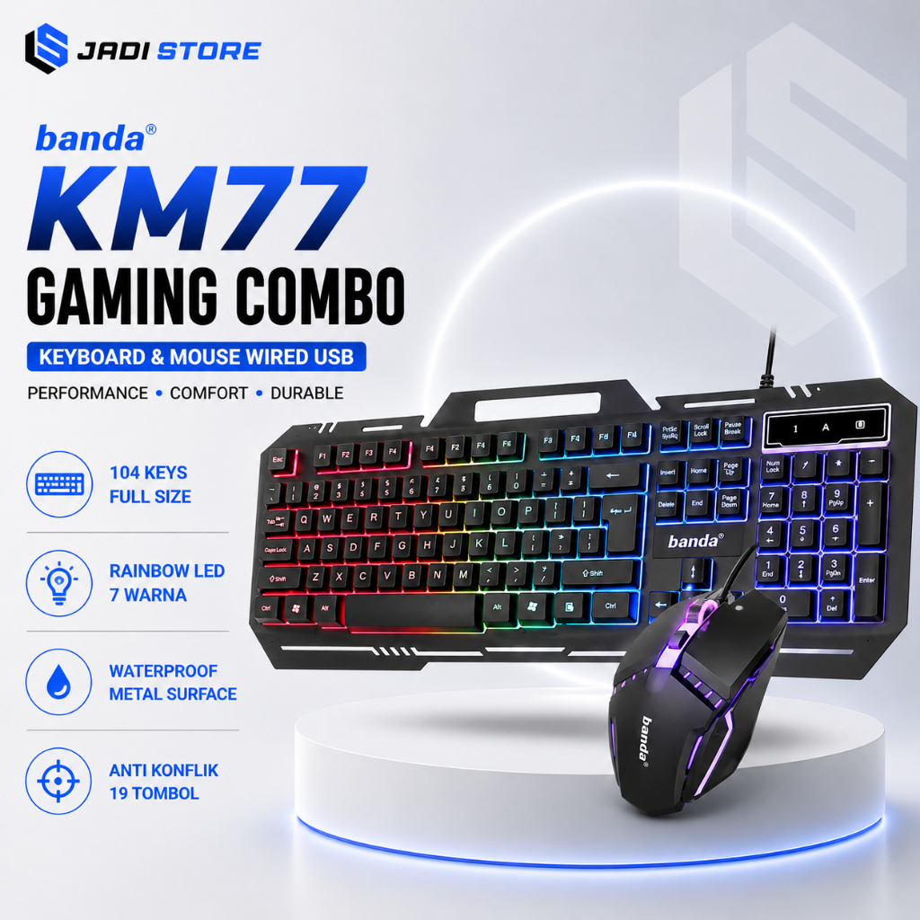 TOMBOL Banda Gaming KM-77 คีย์บอร์ดเมาส์ USB Combo Gaming 104 Rainbow LED ปุ่มเมมเบรน 7 สีพื้นผิวโลห