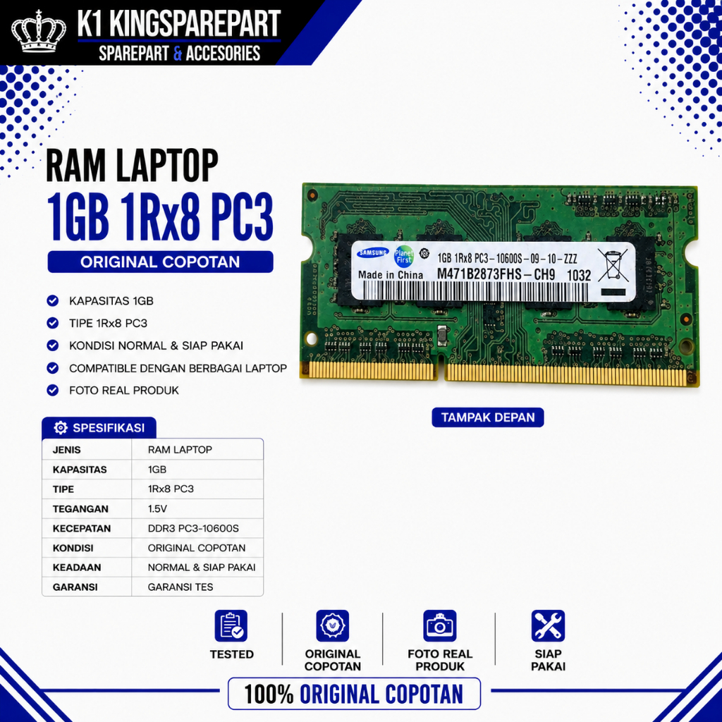 RAM แล็ปท็อป 1GB 1Rx8 PC3 PC3-10600S DDR3 เดิมถอดทดสอบปกติพร้อมใช้งานภาพถ่ายสินค้าจริง