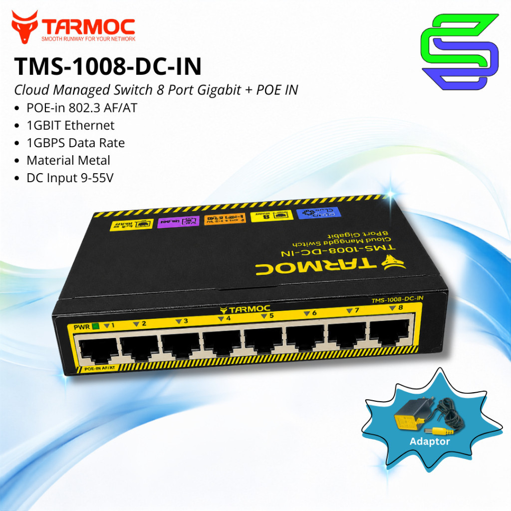 Tarmoc TMS-1008-DC-IN | Smart Switch Cloud Managed 8x Gigabit + POE IN AF/AT เคสโลหะปลอกเหล็ก