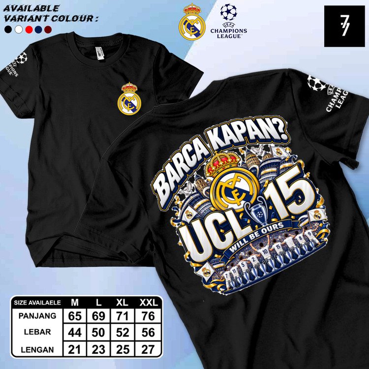 BARCA KAPAN DISTRO เสื้อยืด REAL MADRID 15 UCL เสื้อยืดพร้อมคําฟุตบอลสําหรับผู้ชายและผู้หญิง