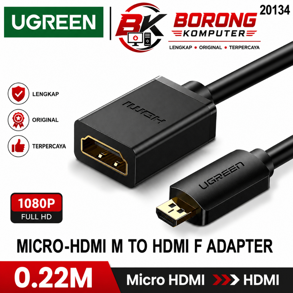 UGreen Micro Hdmi Male to Hdmi Female 4K 22Cm Adapter Cable - สีดํา (20134)
