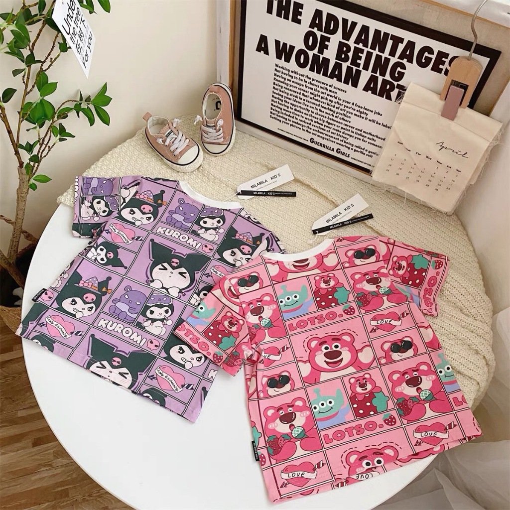 Pinpin Kids - เสื้อยืดแขนสั้นสไตล์ลําลองสําหรับเด็กผู้หญิงลายล็อตโซ่น่ารักและคุโรมิ