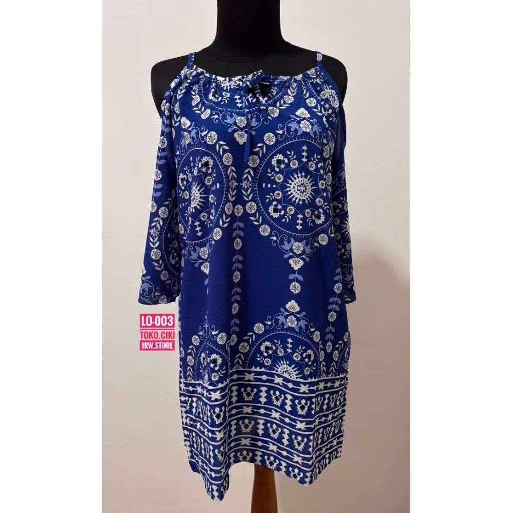 [LO-003] NEW BLUE ONE SHOULDER BATIK DRESS สําหรับผู้หญิง