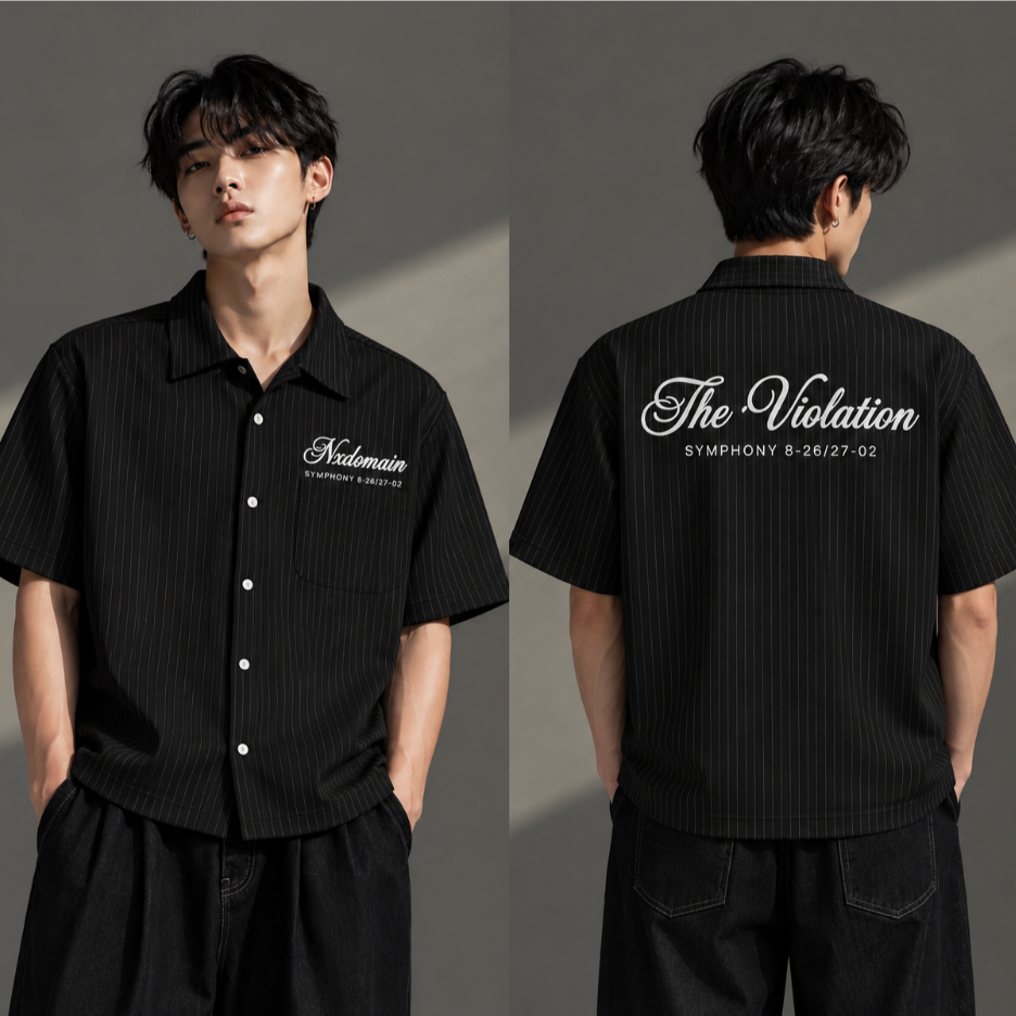 KEMEJA Nxdomain Mens Boxy Short Shirt Stripes Boxy Shirt Casual Black White