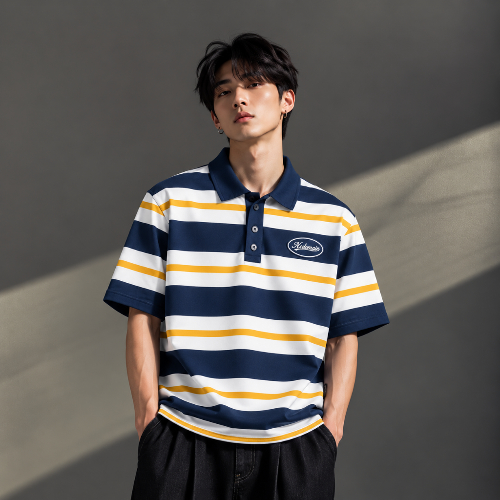 Nxdomain Polo Stripe Shirt เย็บปักถักร้อยสีเขียวน้ําเงินขาวเสื้อยืดแขนสั้นลายผู้ชาย