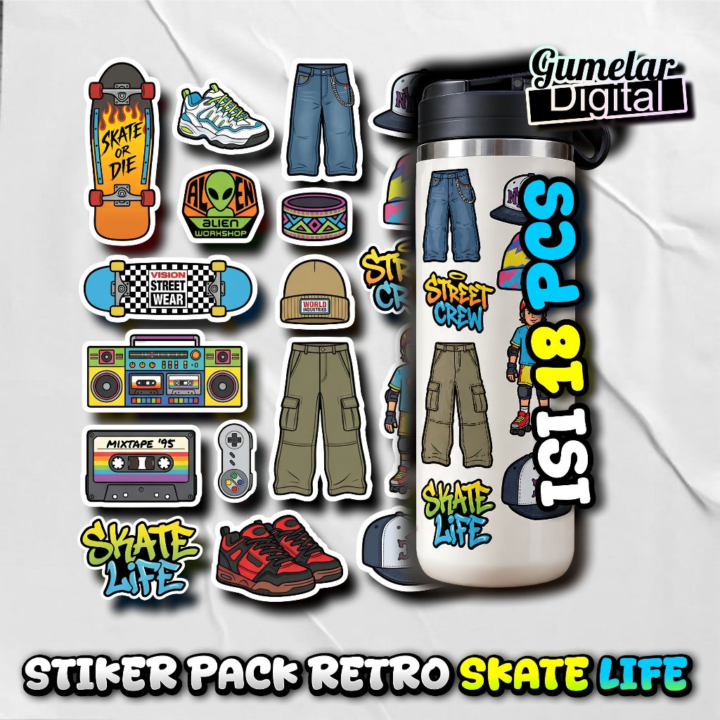 P61 ใหม่ล่าสุด COOL RETRO SKATE LIFE STICKER PACK RETRO SKATE LIFE STICKER KIDS SKATE STREAT CREW RA