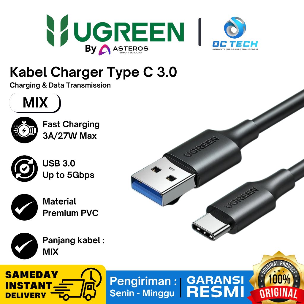Ugreen USB A 3.0 ถึง Type C สาย 3A 0.5M 1M 2M สาย PVC USB สีดํา A ถึง C ชาร์จเร็ว 5Gbps