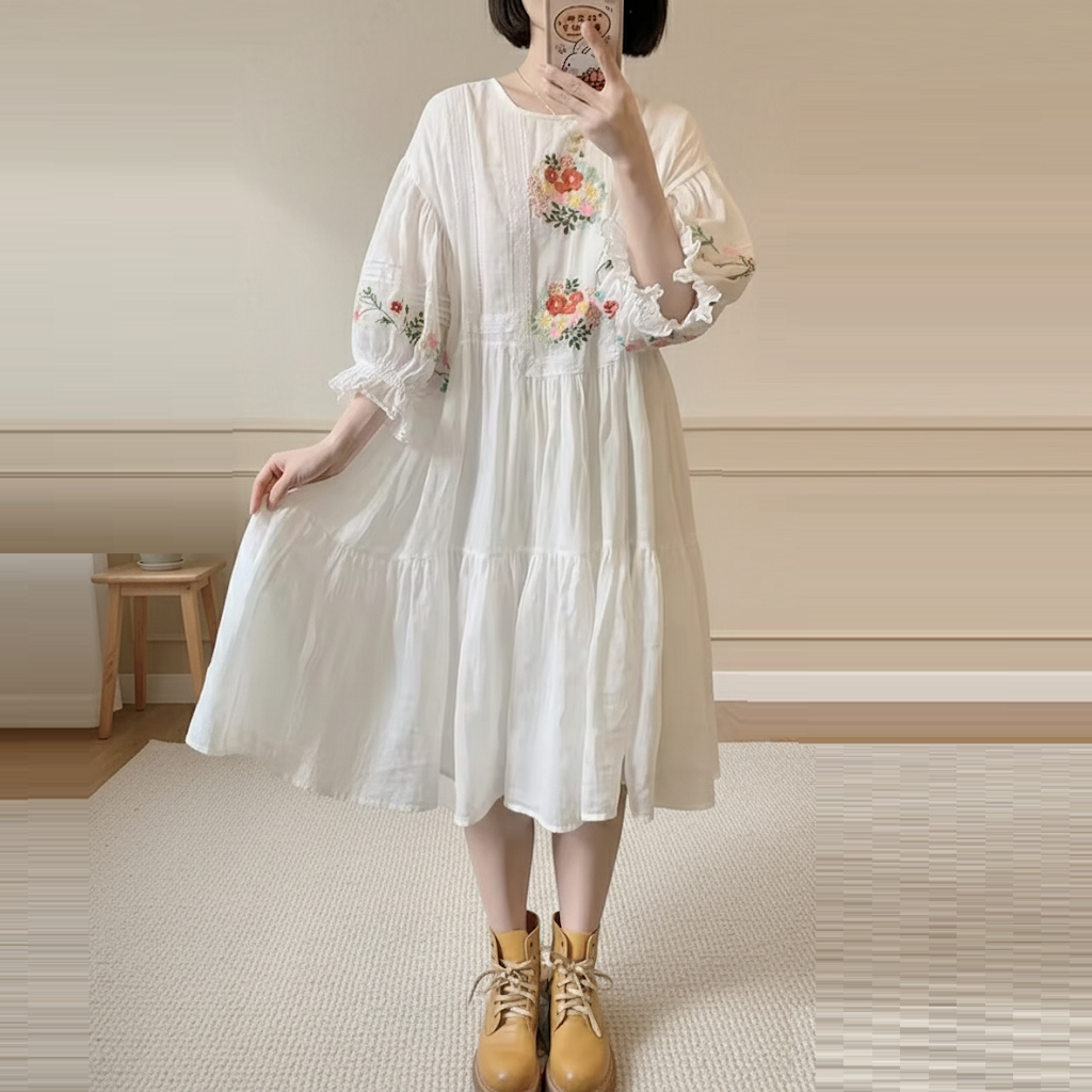 Mori Kei Style 18650 Hikari ชุดเดรสลําลองปักลายดอกไม้ผู้หญิง