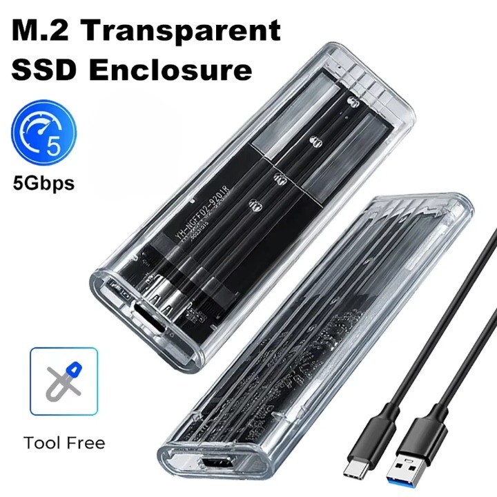 M2 SSD ภายนอก USB Type C 3.1 5Gbps กล่องฮาร์ดดิสก์โปร่งใส PCIe NGFF SATA 2230, 2242, 2260, 2280 B + 