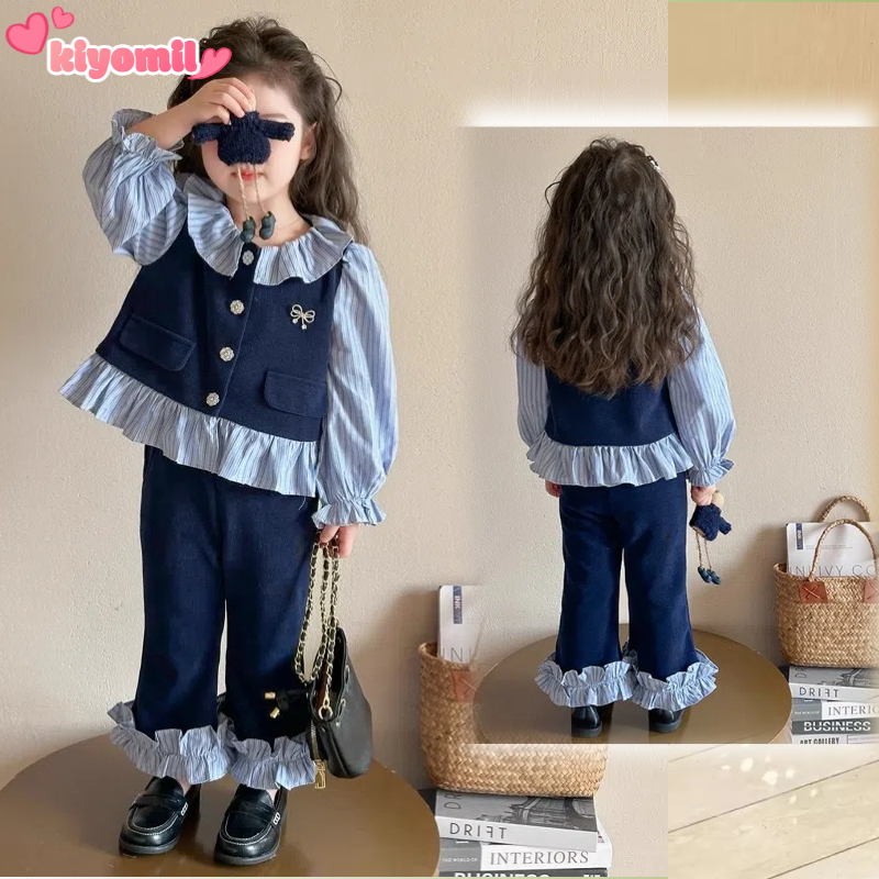 Kiyomi rumi เครื่องแต่งกาย kids Kiyomi ชุดสูทเด็กผู้หญิงมีสไตล์สุด ๆ กับเสื้อกั๊กสีน้ําเงินเข้มลายทา