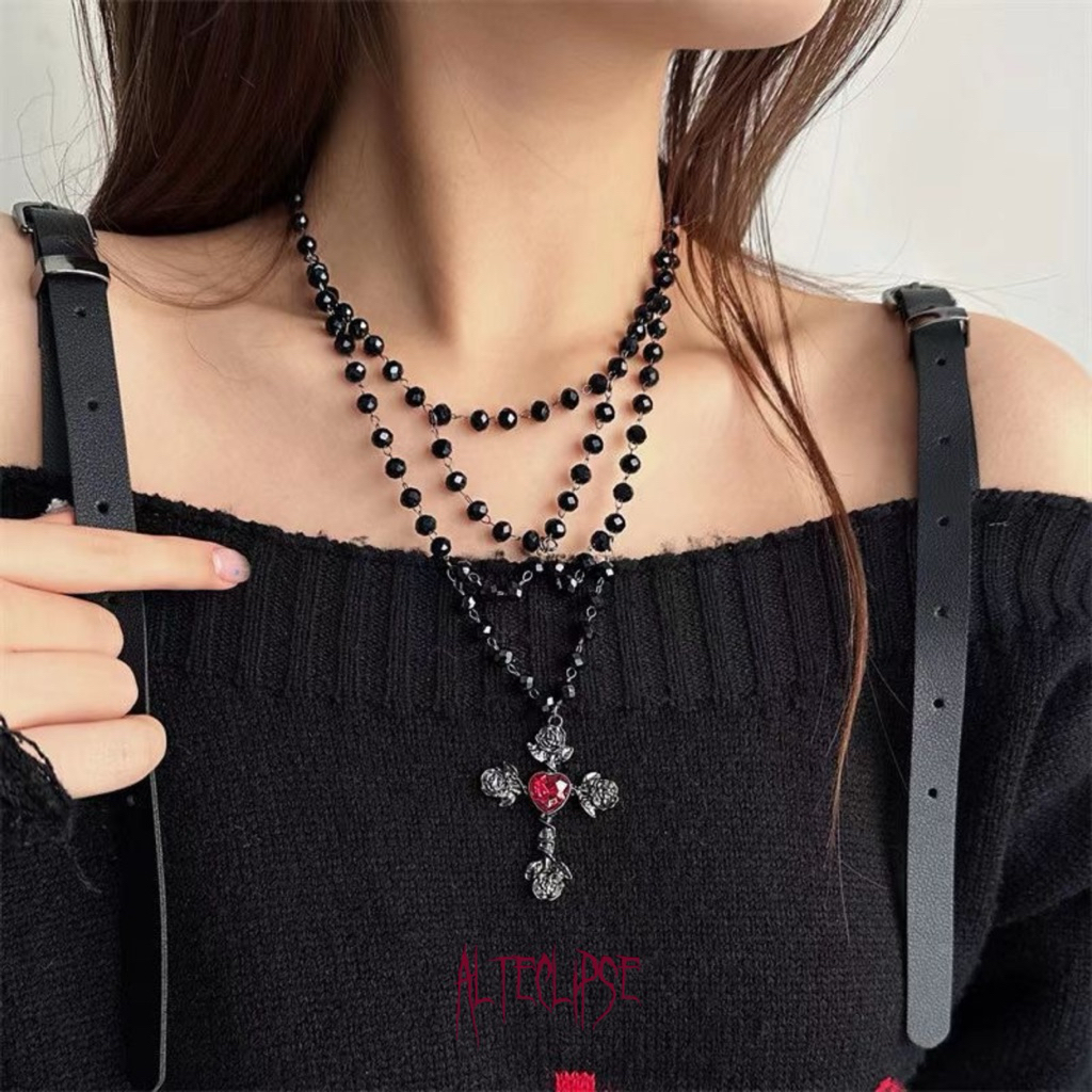 Alteclipse Bloody Layered Beaded Cross Heart Charm – Gothic Grunge Necklace Set // Alteclipse Bloody