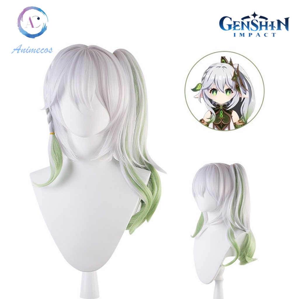 Genshin Impact Nahida วิกผมสีเทาผสมสีเขียวผมหางม้าสําหรับคอสเพลย์ฮาโลวีนเครื่องแต่งกายคอสเพลย์ + หมว